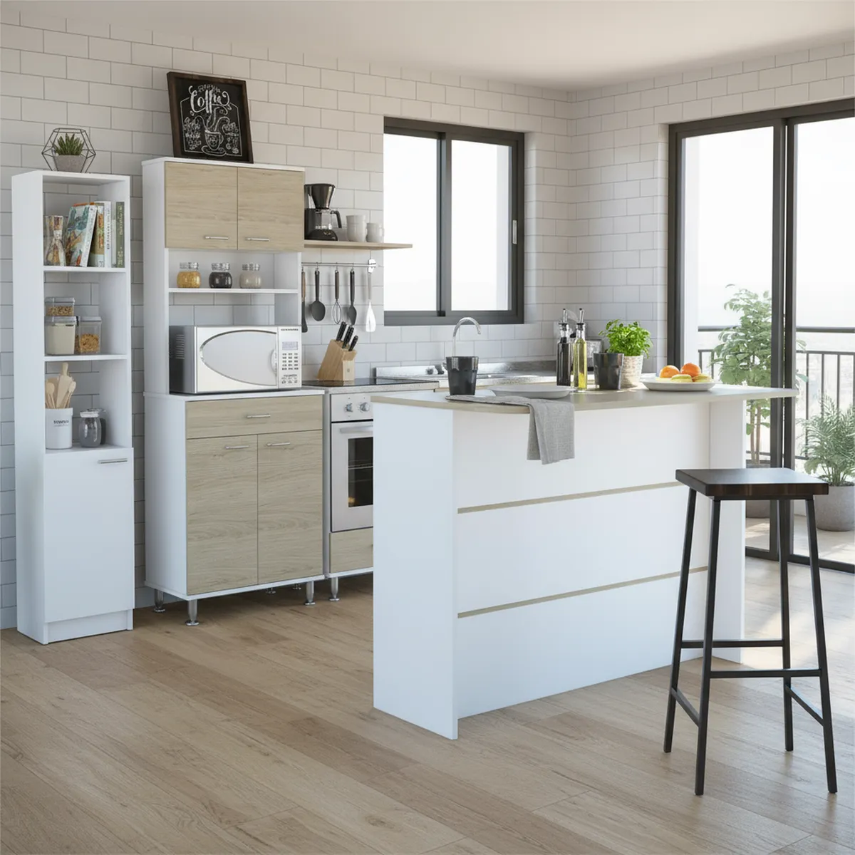 TUHOME - Set mueble microondas + isla de cocina + estante rovere/blanco