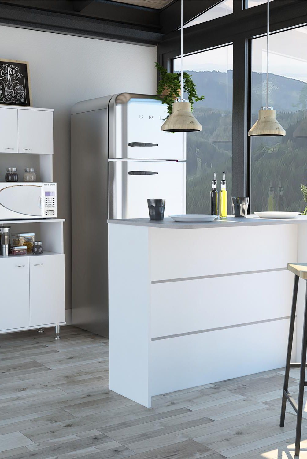TUHOME - Set mueble microondas + isla de cocina blanco