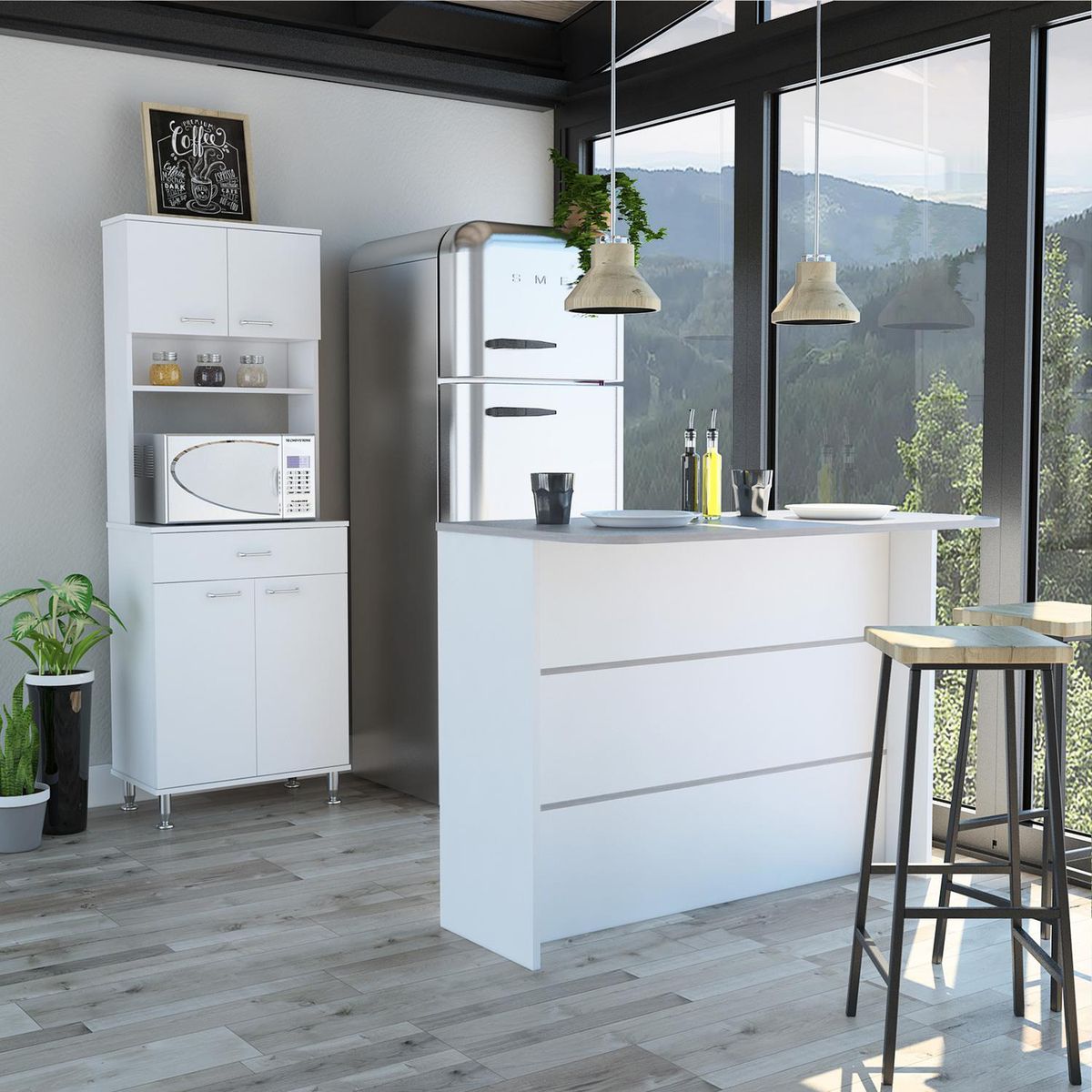 TUHOME - Set mueble microondas + isla de cocina blanco