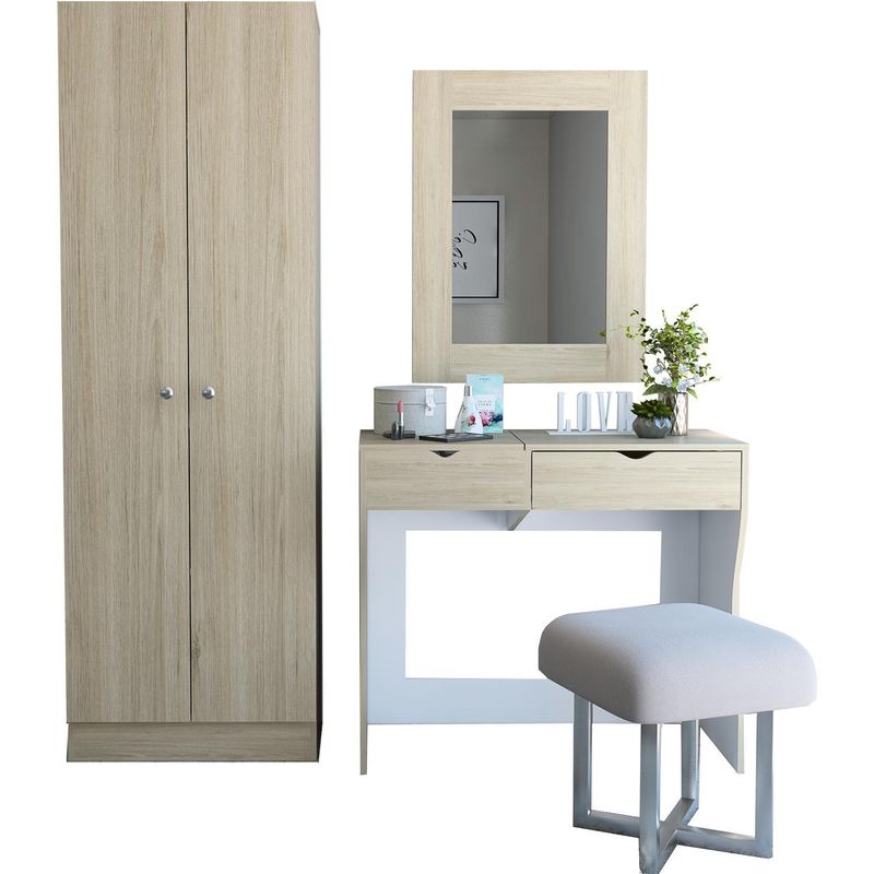 TUHOME - Set tocador + espejo + clóset rovere/blanco