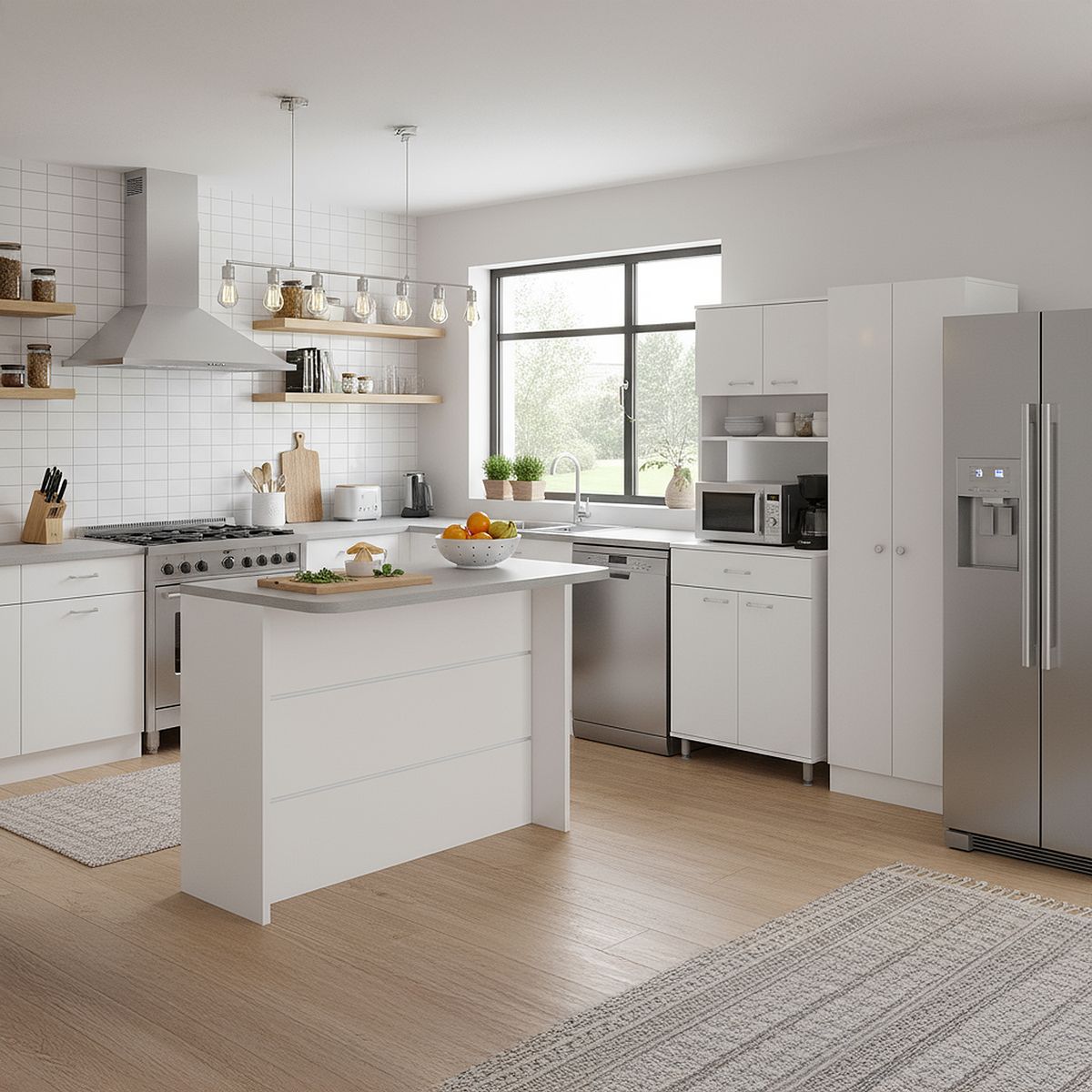 TUHOME - Set mueble microondas + isla de cocina + estante blanco