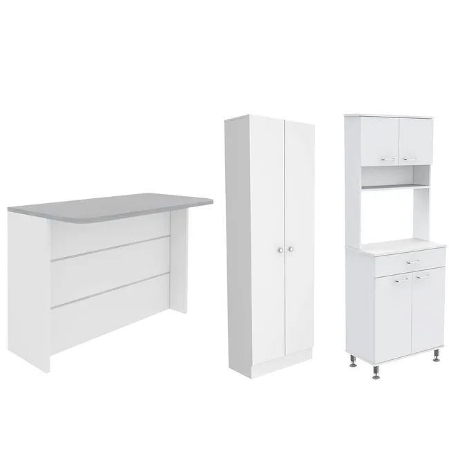 TUHOME - Set mueble microondas + isla de cocina + estante blanco