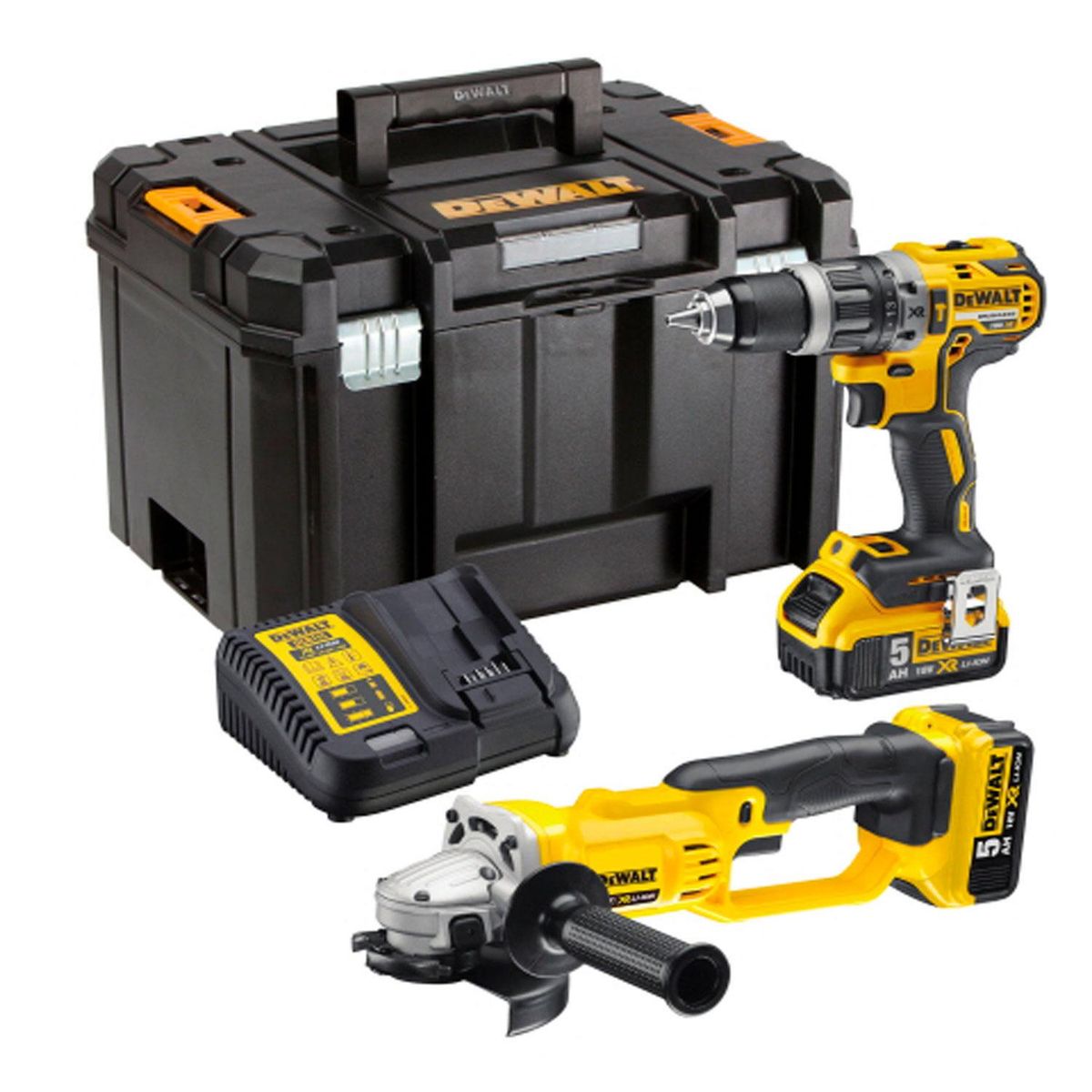 DEWALT - Kit Inalámbrico 20V Taladro Percutor + Esmeril Angular + 2 Baterías