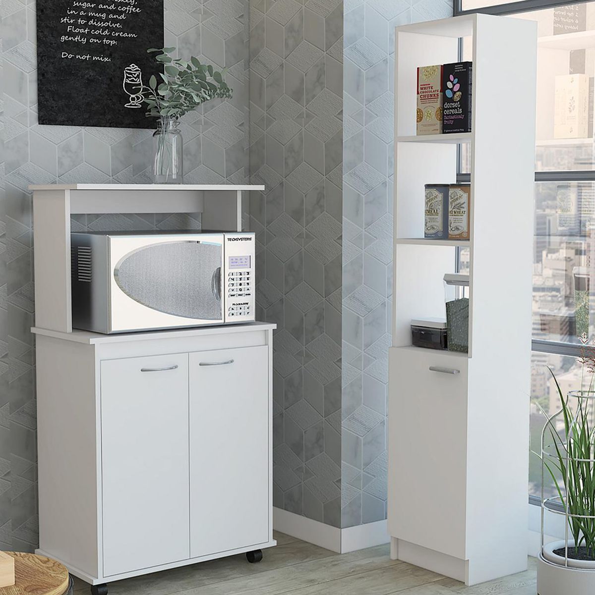 TUHOME - Set mueble microondas + estante blanco