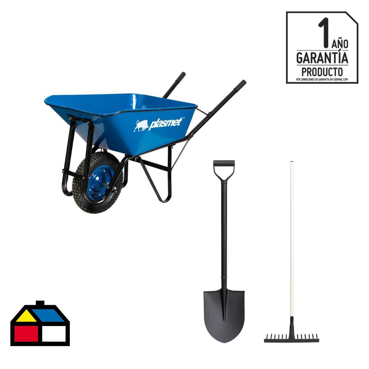 Plasmet - Kit carretilla 90 lts + pala punta huevo + rastrillo construcción