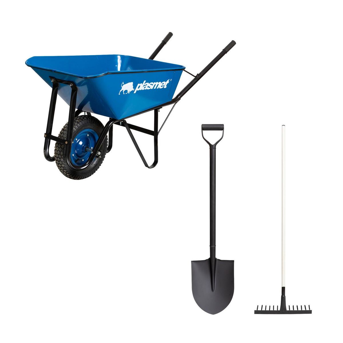 Plasmet - Kit carretilla 90 lts + pala punta huevo + rastrillo construcción