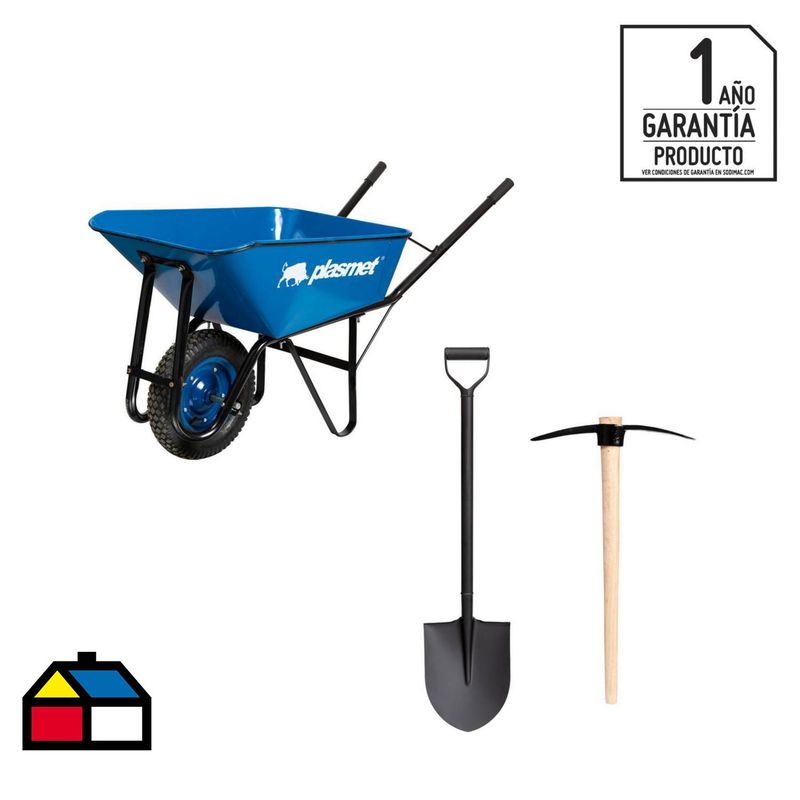 Plasmet - Kit carretilla 90 lts + pala punta huevo + picota