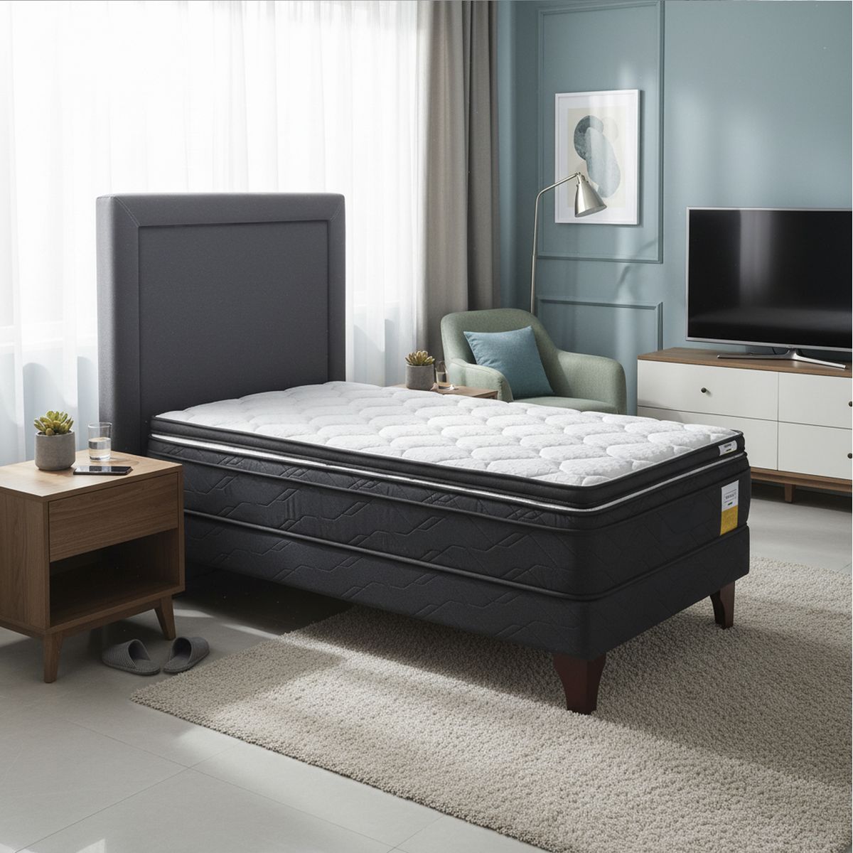 DRIMKIP - Cama Europea Eurotop 1.5 Plaza Plus Bn 105X200 Cm + Topper + Respaldo