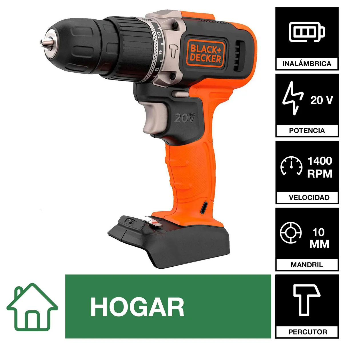 BLACK+DECKER - Taladro Inalámbrico Percutor 10 mm 20 V/1 Batería