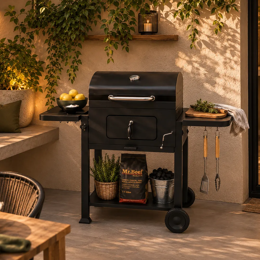 Parrilla a Carbón Acero con Tapa y Bandejas Laterales + Termómetro, foto 4