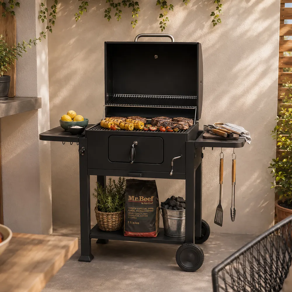 Parrilla a Carbón Acero con Tapa y Bandejas Laterales + Termómetro, foto 7