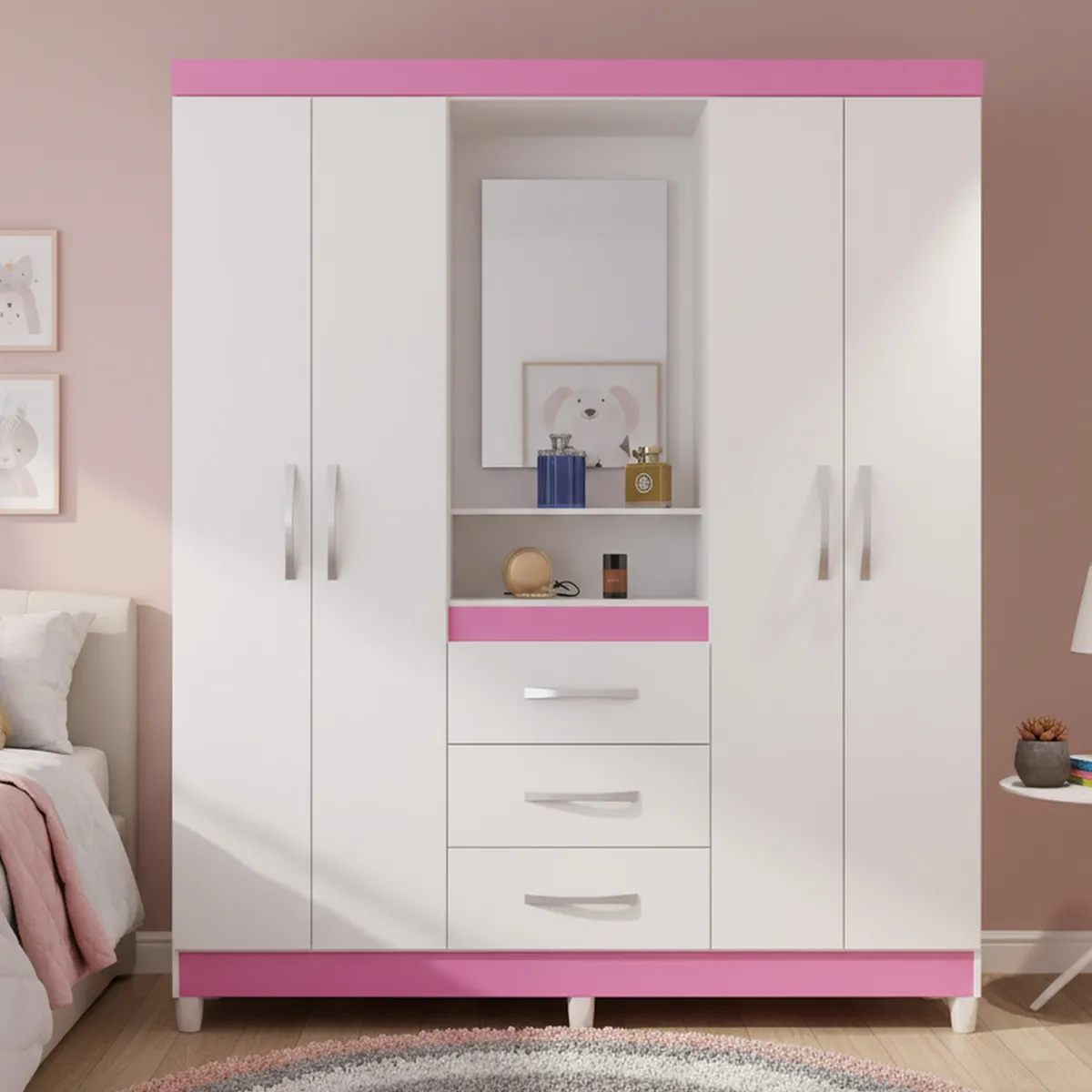 HOME MOBILI - Clóset 4 Puerta(s) 3 Cajón(es) 4 Repisa(s) 161x188x40 cm Blanco/Rosado