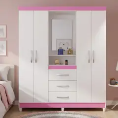 HOME MOBILI - Clóset 4 Puerta(s) 3 Cajón(es) 4 Repisa(s) 161x188x40 cm Blanco/Rosado