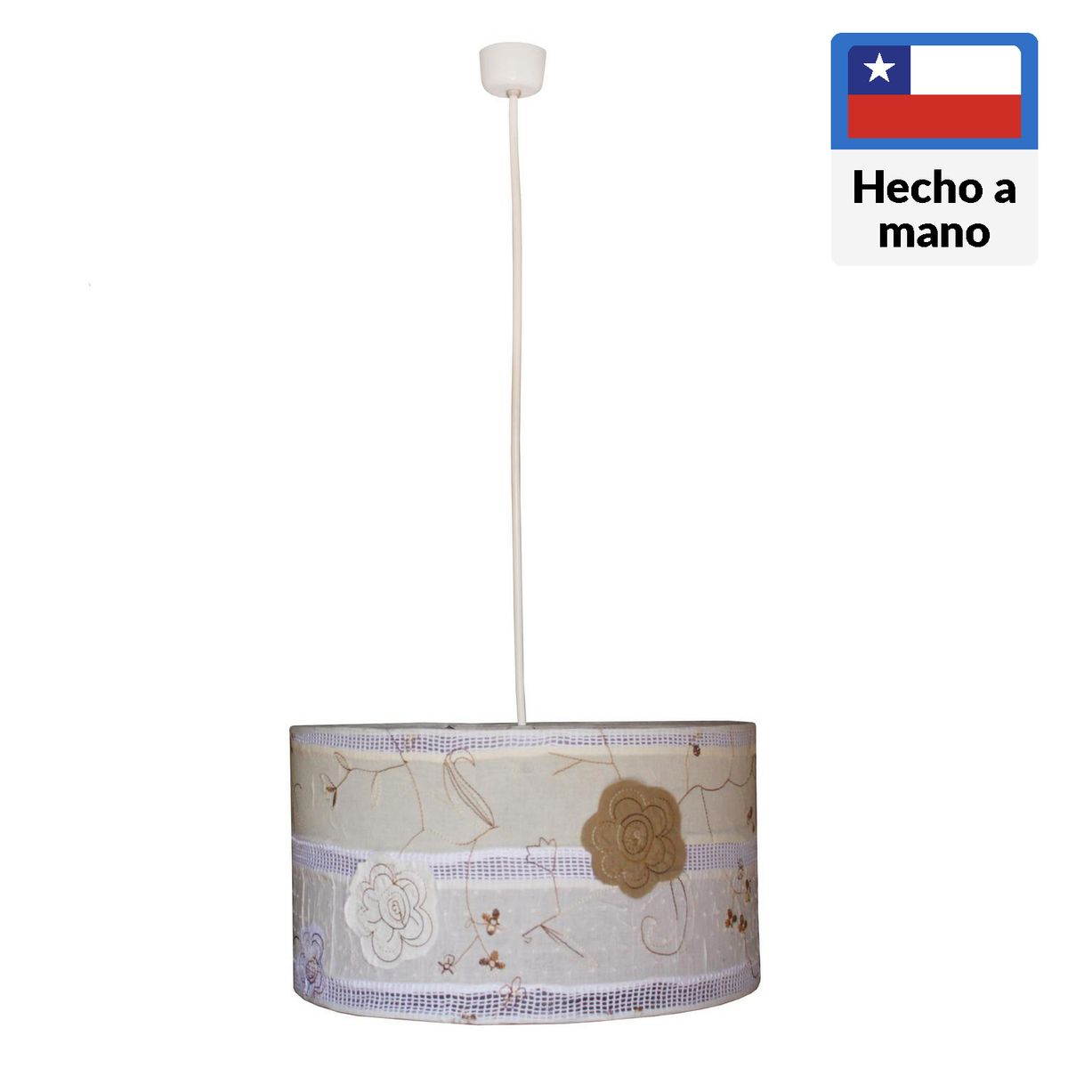 CAROLD STEVENS - Lámpara Colgante Tambor Flores Bordadas 1 Luz Tela Café