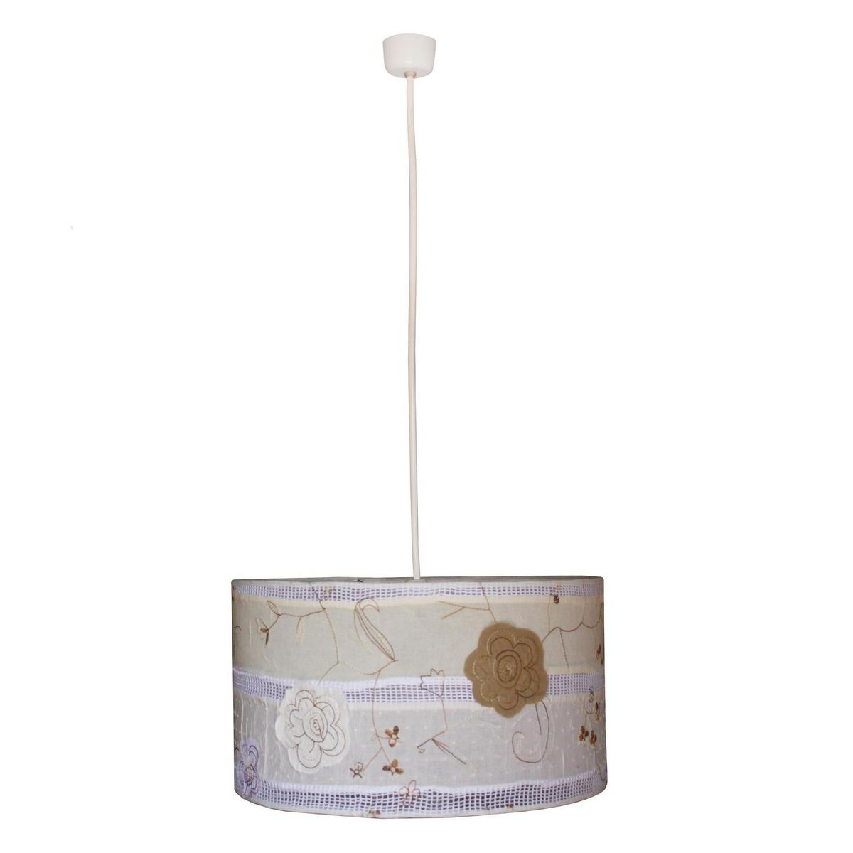 CAROLD STEVENS - Lámpara Colgante Tambor Flores Bordadas 1 Luz Tela Café