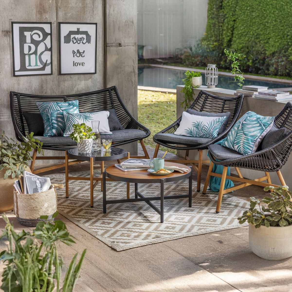 JUST HOME COLLECTION - Juego de Terraza Living Bruselas 4 Personas Negro/Natural