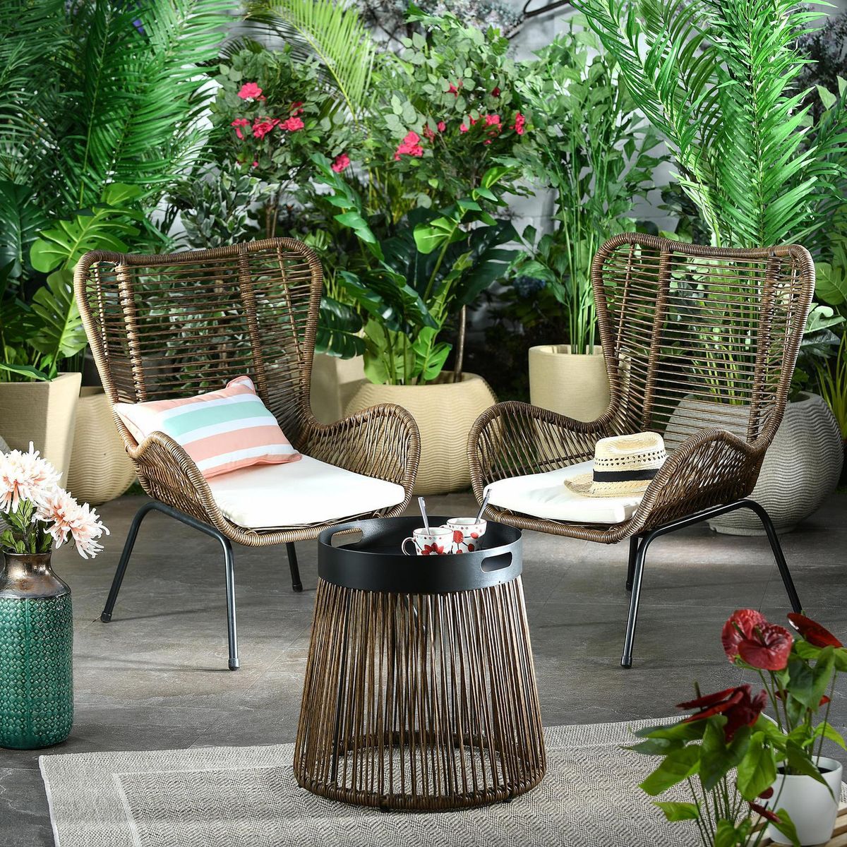 JUST HOME COLLECTION - Juego de Terraza Balcón Roques 2 Personas Café/Negro