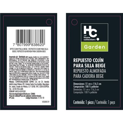 Imagen 2 del producto Repuesto Cojín para Silla 40x40 cm Beige