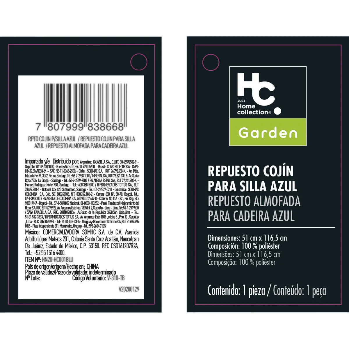 JUST HOME COLLECTION - Repuesto Cojín para Silla 40x40 cm Azul