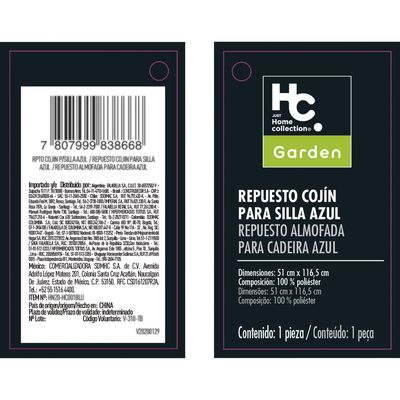 Imagen 2 del producto Repuesto Cojín para Silla 40x40 cm Azul