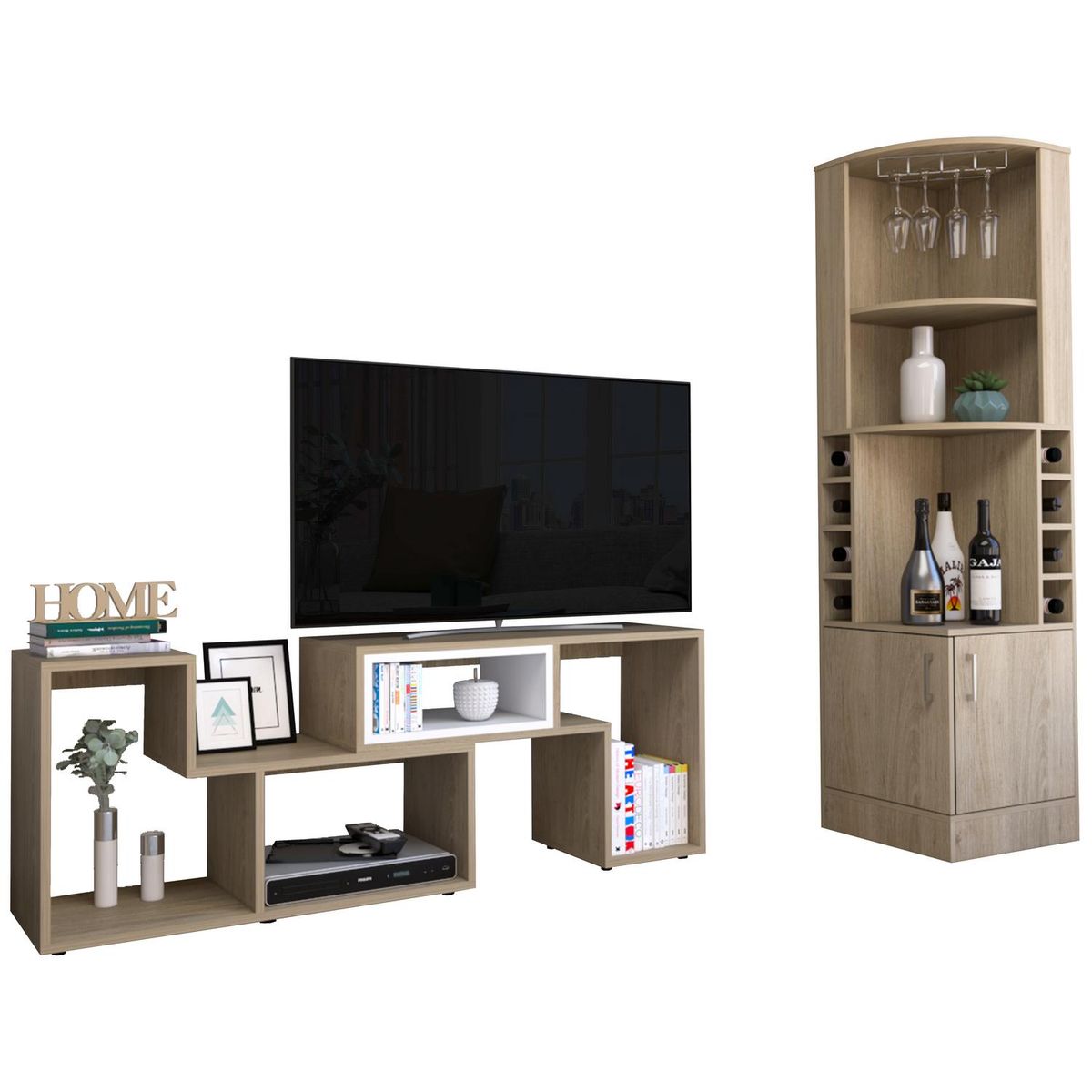 TUHOME - Combo Bar Esquinero + Rack Extensible TV 40" Rovere/Blanco