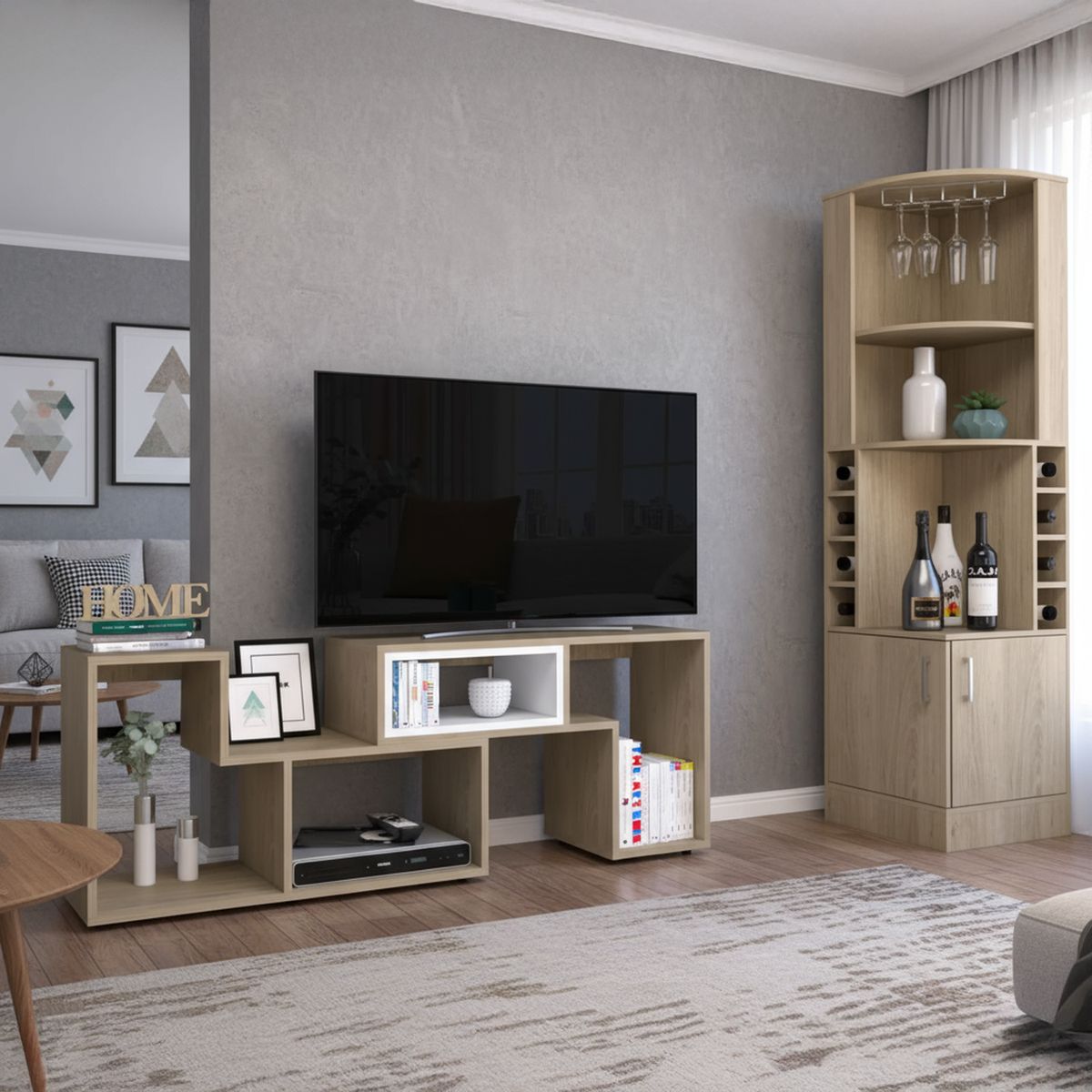 TUHOME - Combo Bar Esquinero + Rack Extensible TV 40" Rovere/Blanco