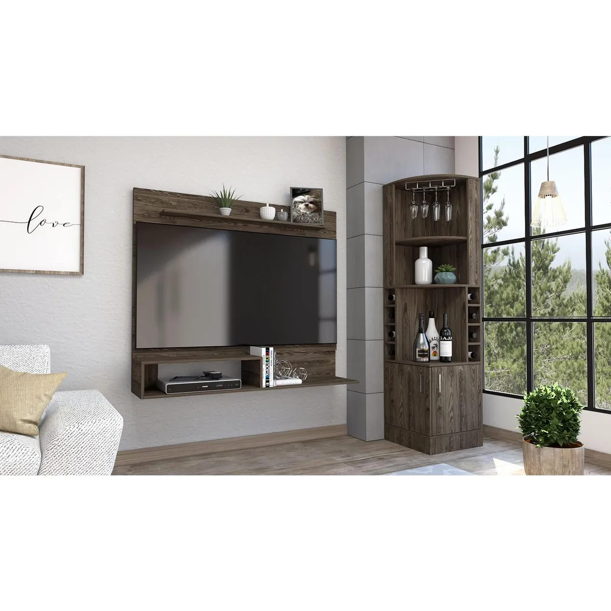 TUHOME - Bar esquinero + panel TV 55" coñac