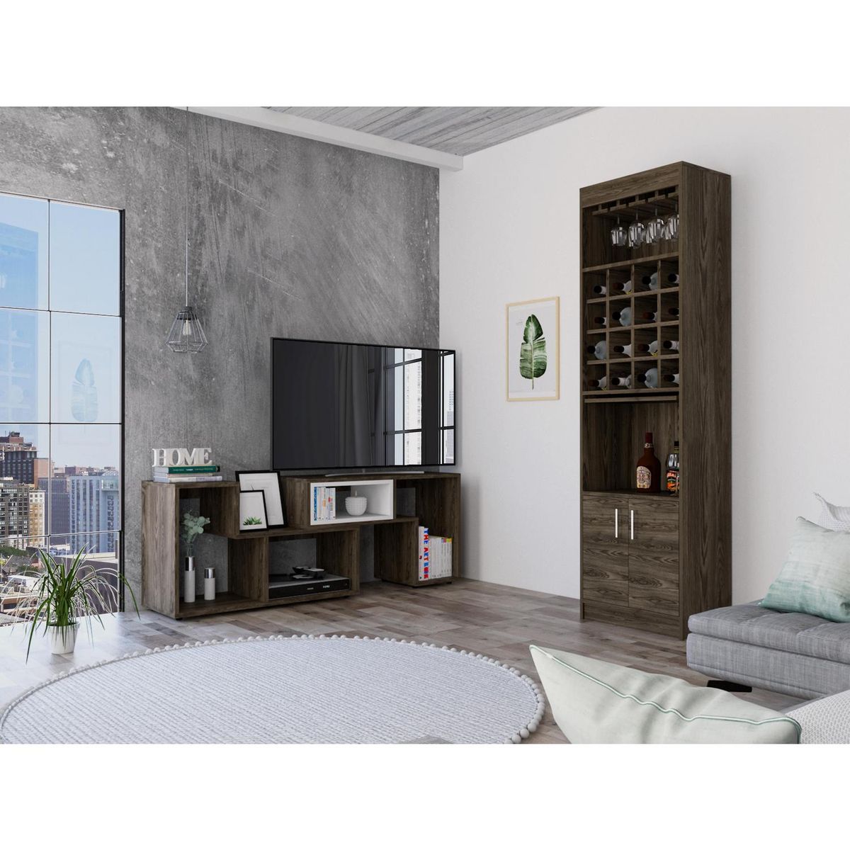 TUHOME - Bar + rack extensible coñac-blanco