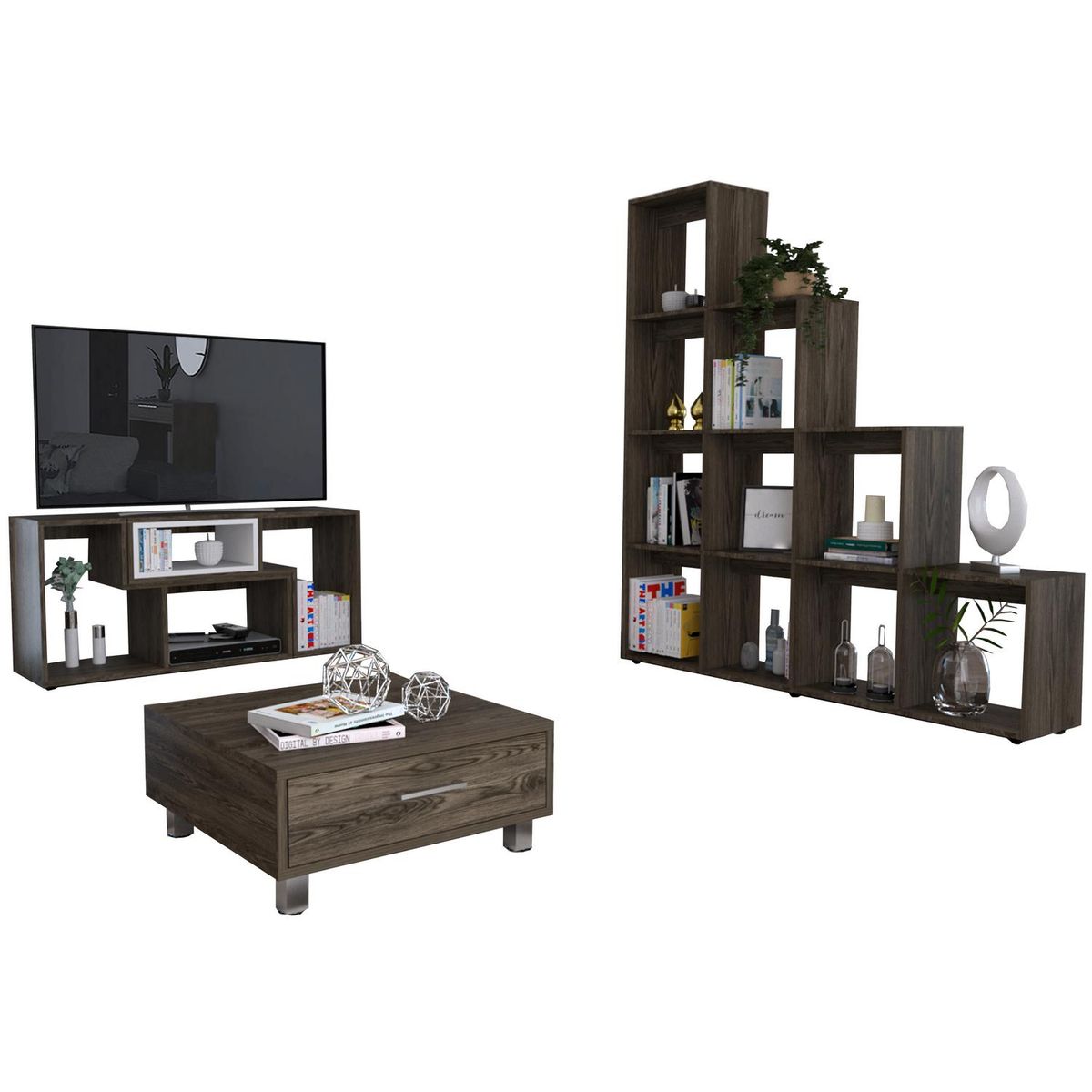 TUHOME - Rack extensible TV 40" + biblioteca escalera + mesa de centro