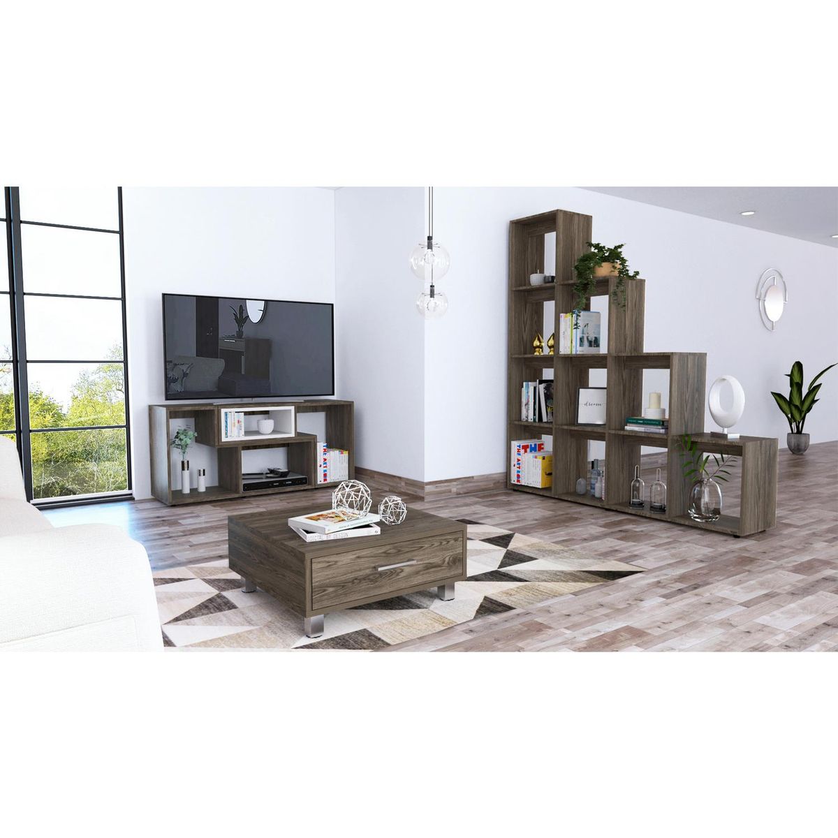 TUHOME - Rack extensible TV 40" + biblioteca escalera + mesa de centro