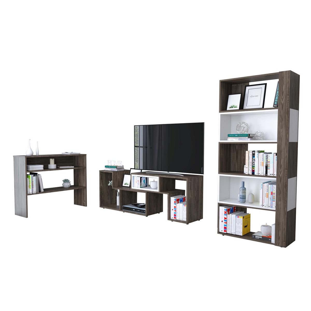 TUHOME - Rack extensible TV 40" + biblioteca cubo + arrimo coñac/blanco