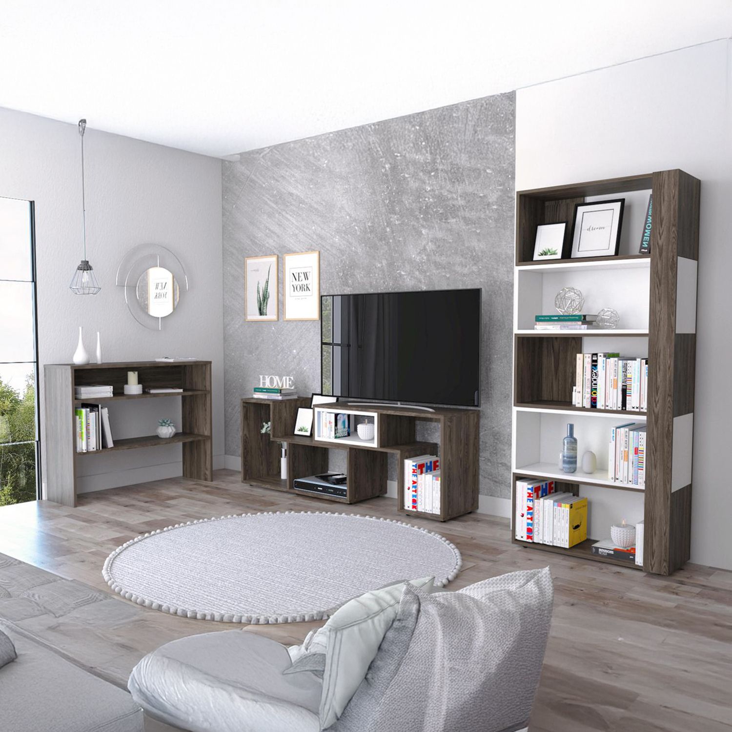 Rack Extensible Tv 40" + Biblioteca Cubo + Arrimo Coñac/Blanco