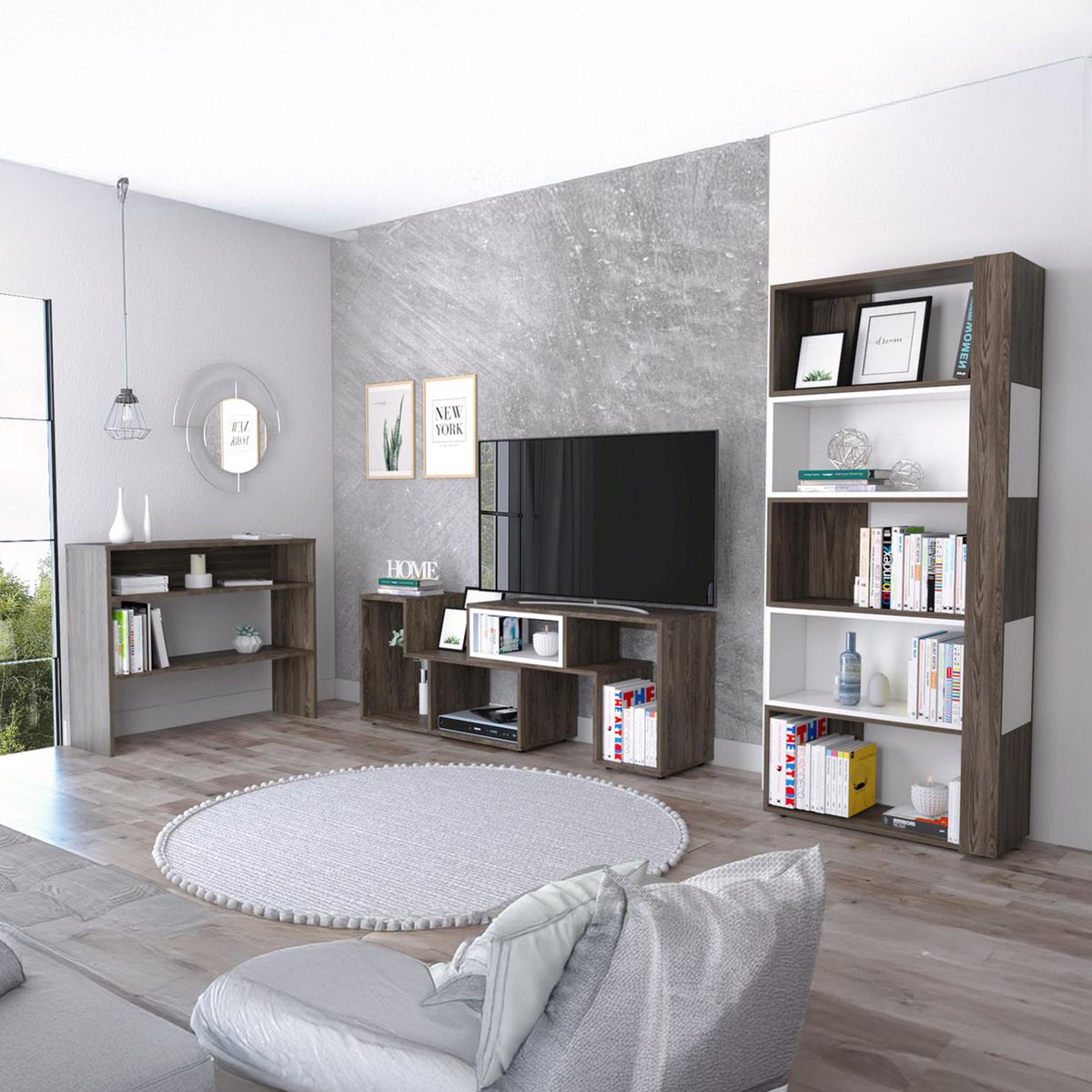 TUHOME - Rack extensible TV 40" + biblioteca cubo + arrimo coñac/blanco