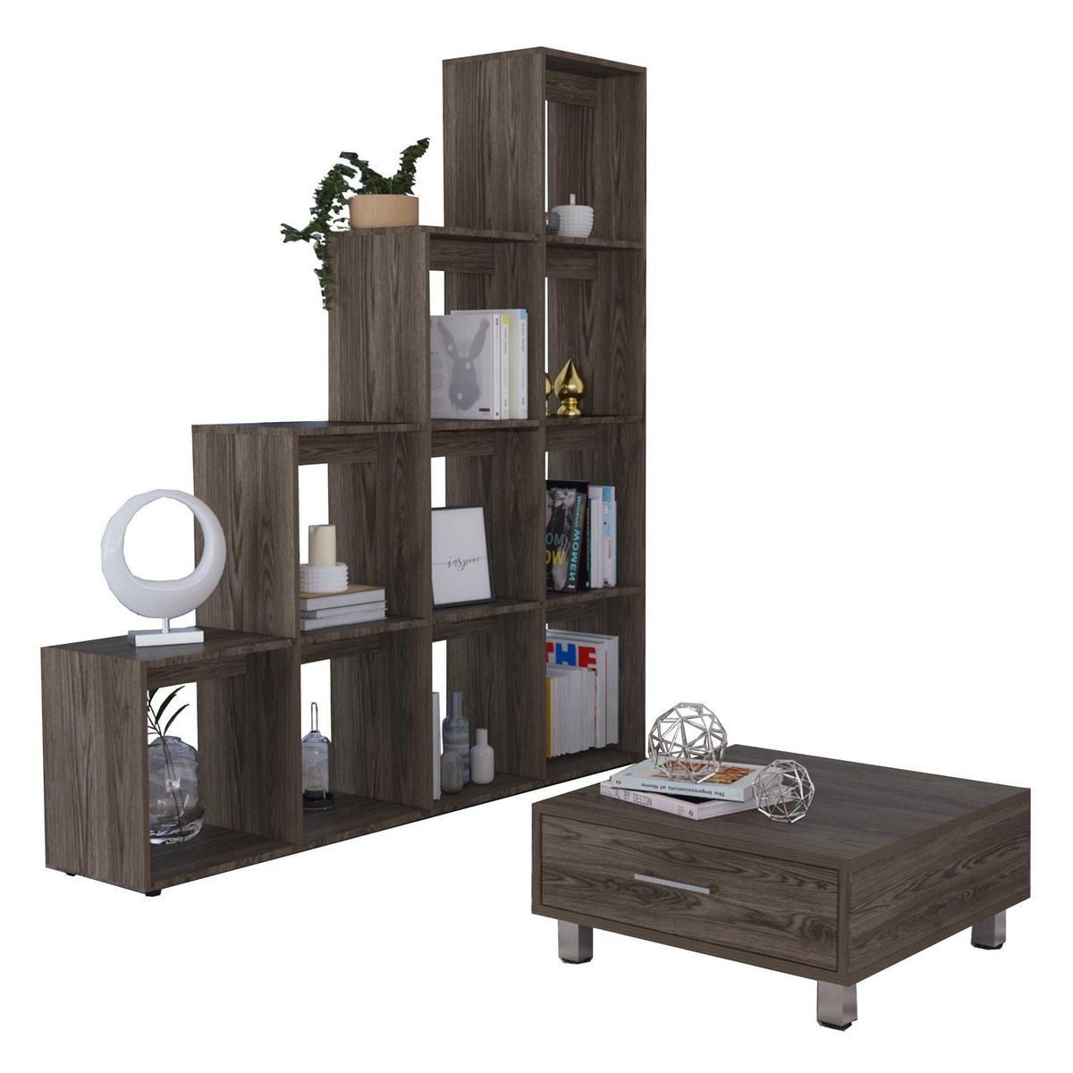 TUHOME - Biblioteca escalera + mesa de centro coñac