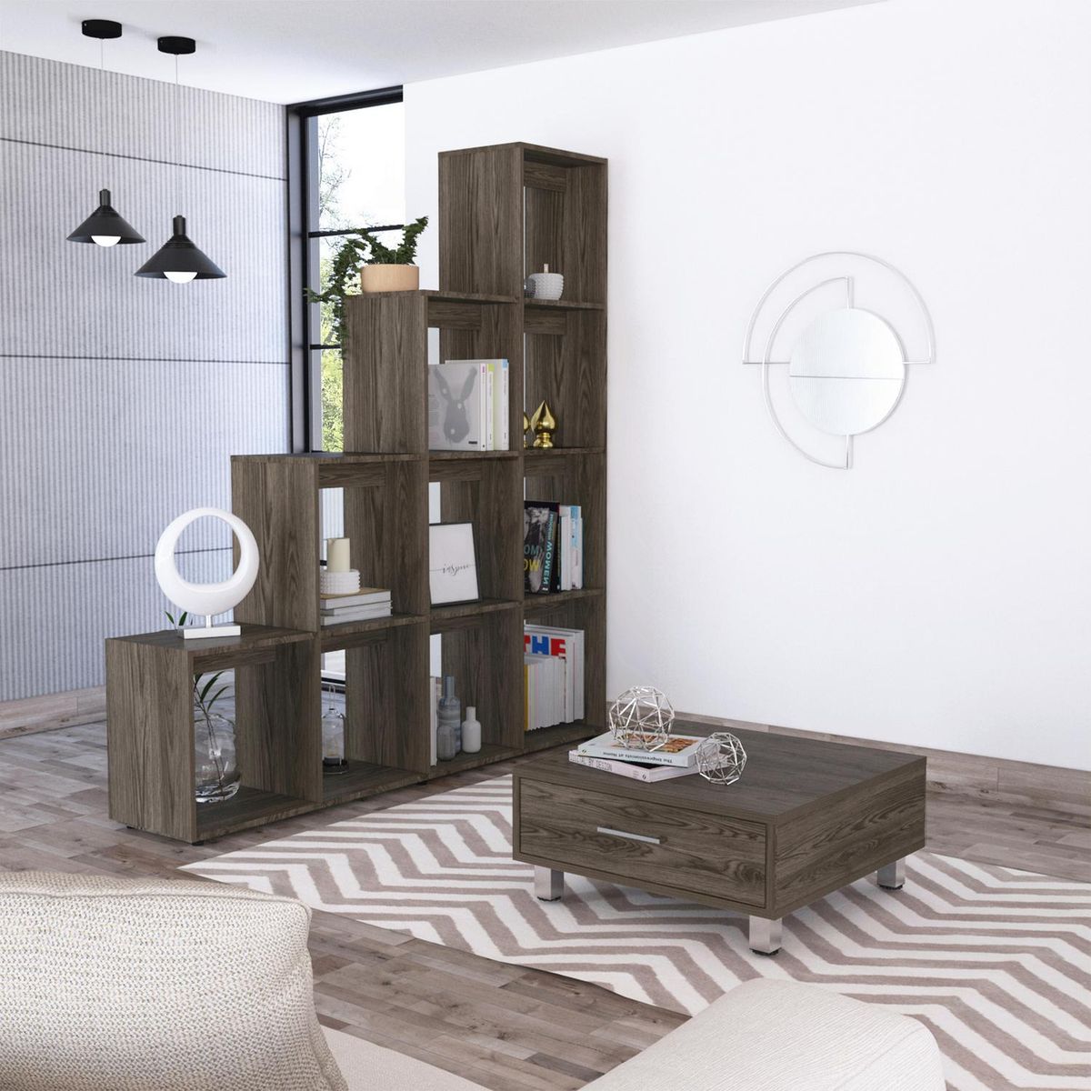 TUHOME - Biblioteca escalera + mesa de centro coñac