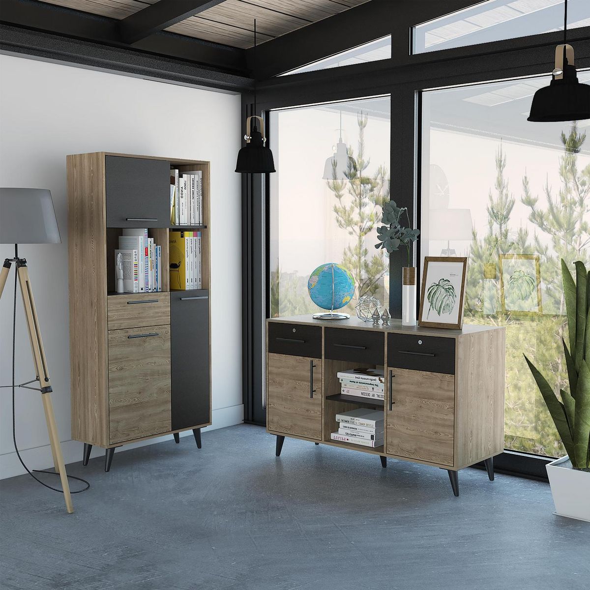 TUHOME - Biblioteca + armario miel-wengue