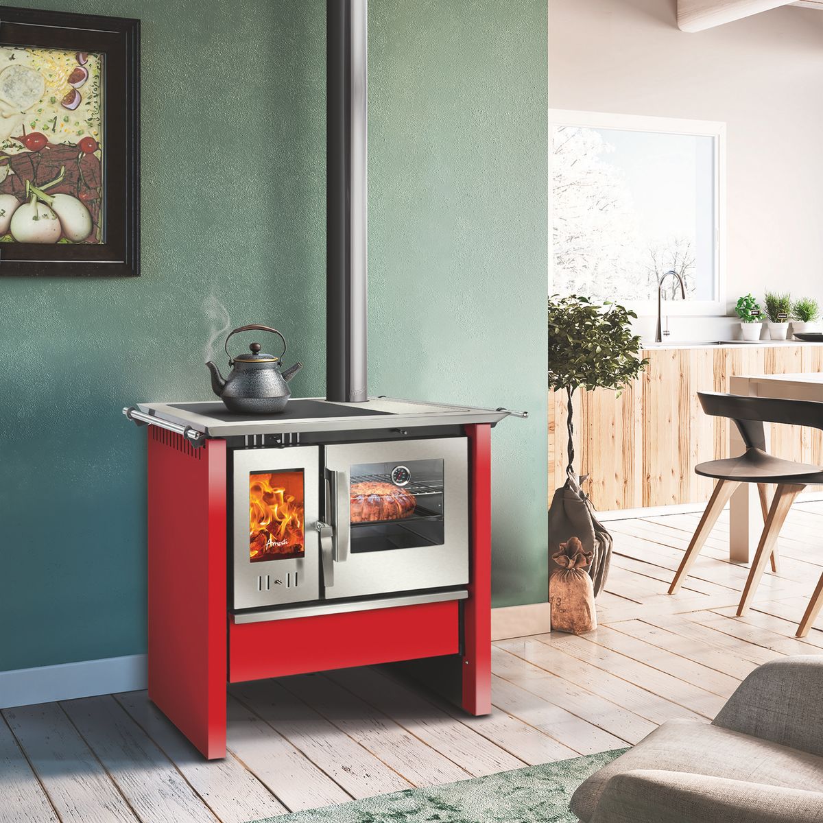 AMESTI - Cocina a Leña 1 Platos Rojo Cocina Allegra Inox Roja