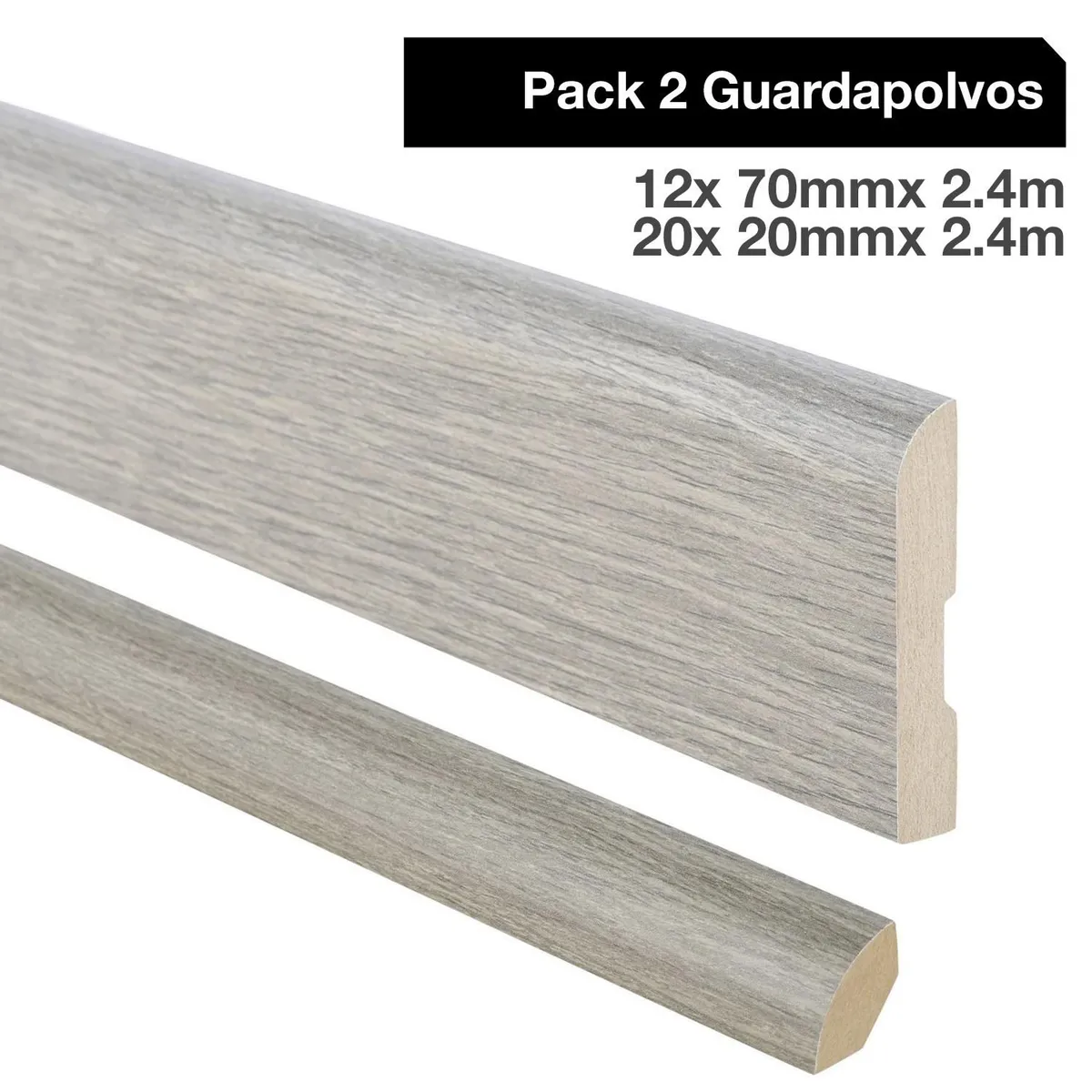 MAFORSA - Pack 2 guardapolvos 12x70mm + 2 cuarto rodón 20x20mm MDF Ceniza Atenas