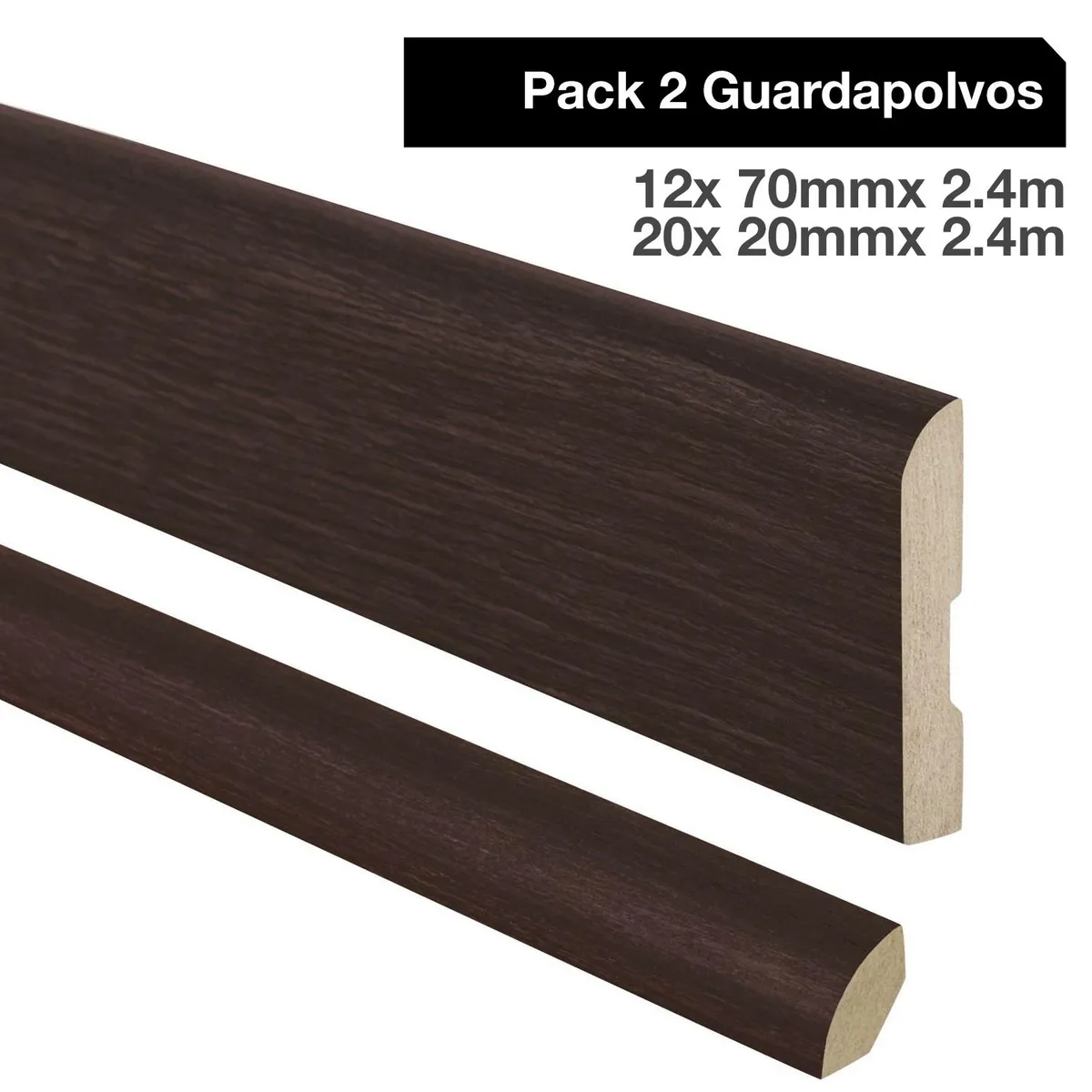 MAFORSA - Pack 2 guardapolvos 12x70mm + 2 cuarto rodón 20x20mm MDF Wengue
