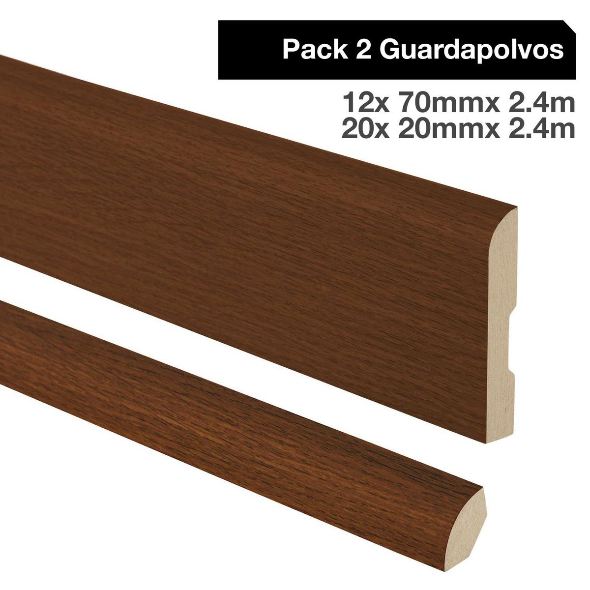 MAFORSA - Pack 2 guardapolvos 12x70mm + 2 cuarto rodón 20x20mm MDF Walnut