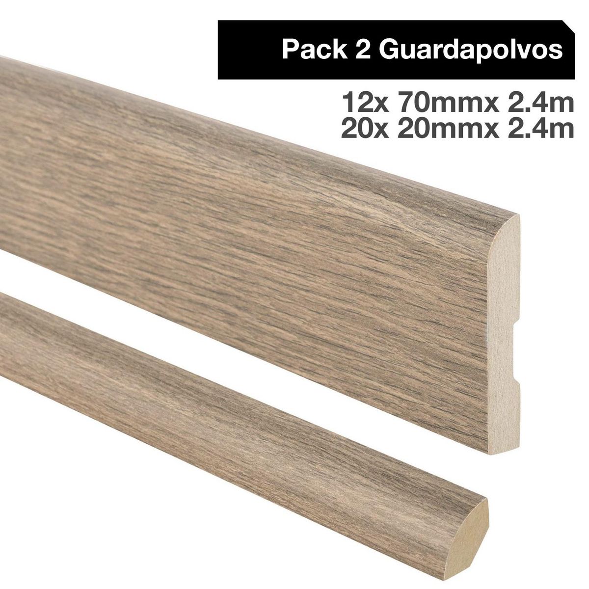 MAFORSA - Pack 2 guardapolvos 12x70mm + 2 cuarto rodón 20x20mm MDF Roble Crudo