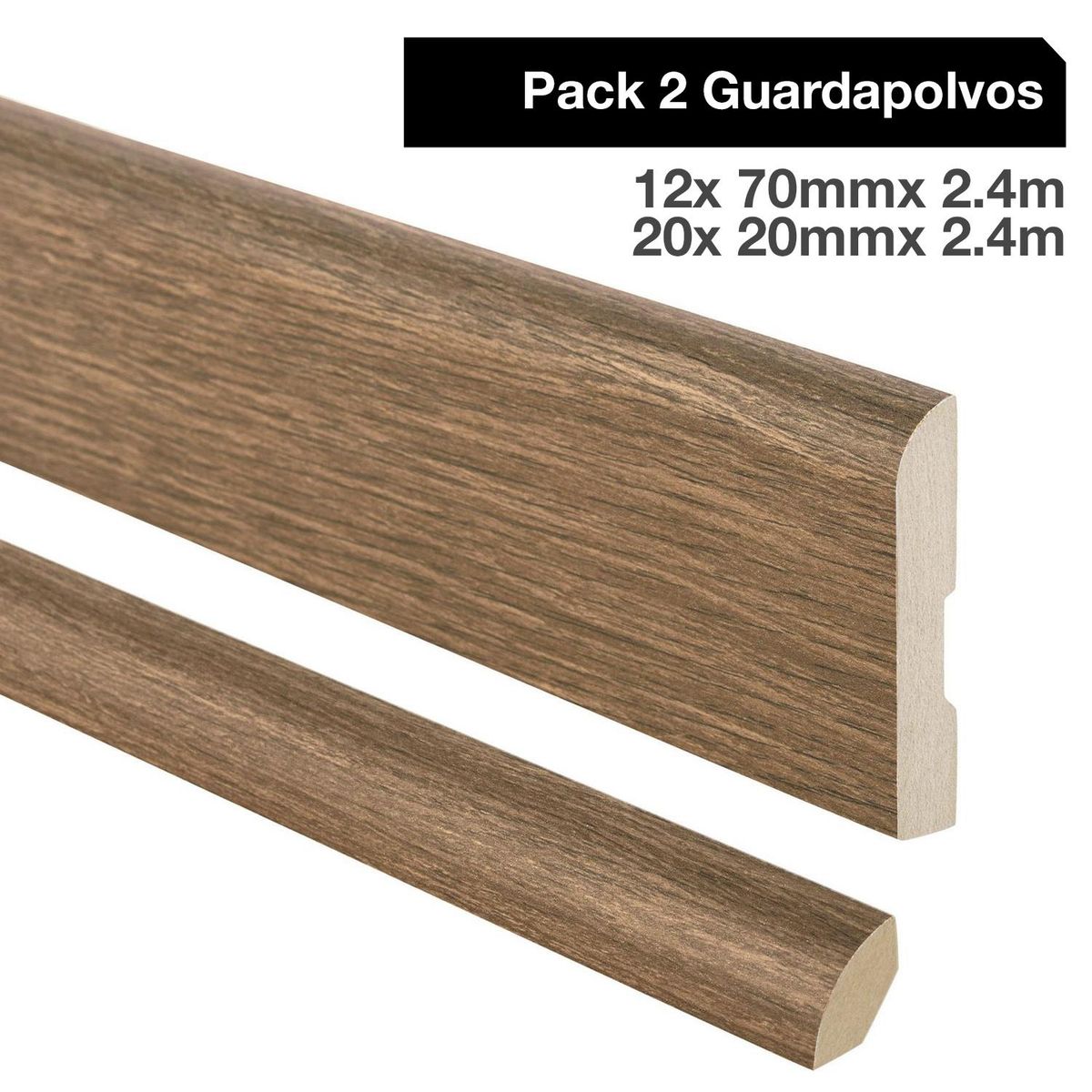 MAFORSA - Pack 2 guardapolvos 12x70mm + 2 cuarto rodón 20x20mm MDF Eucalipto