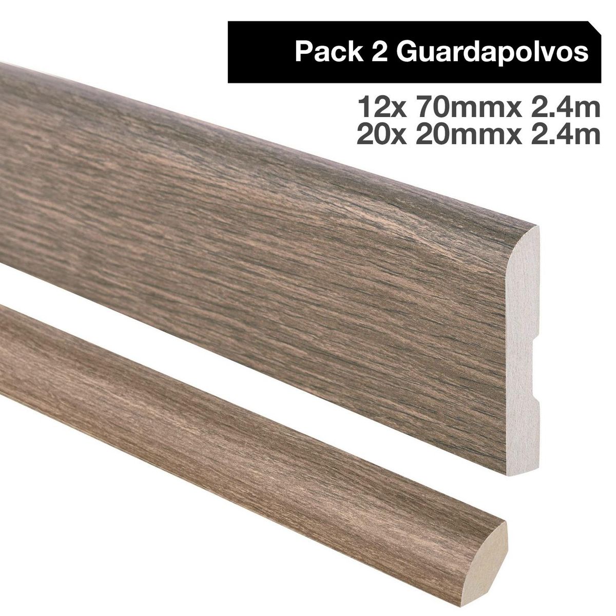 MAFORSA - Pack 2 guardapolvos 12x70mm + 2 cuarto rodón 20x20mm MDF Roble Grafito