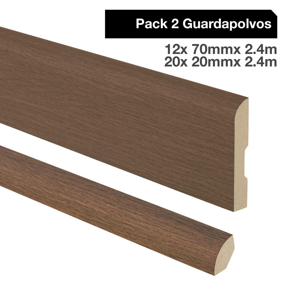 MAFORSA - Pack 2 guardapolvos 12x70mm + 2 cuarto rodón 20x20mm MDF Nogal