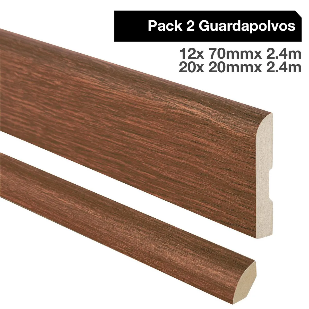 MAFORSA - Pack 2 guardapolvos 12x70mm + 2 cuarto rodón 20x20mm MDF Cedro Rojo