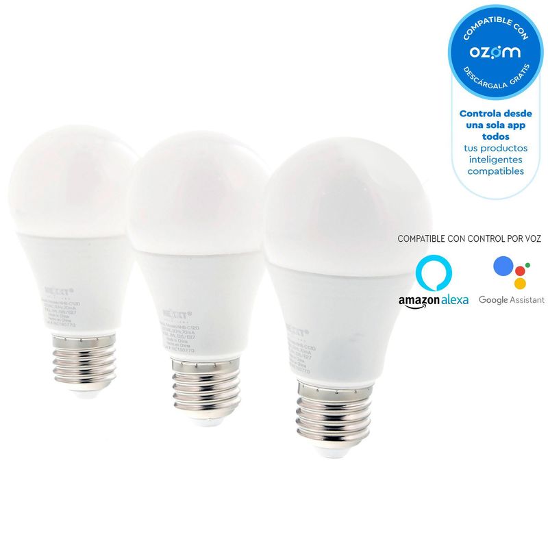 NEXXT SOLUTIONS - Ampolleta inteligente LED E27 9W Multicolor WiFi pack 3 unidades