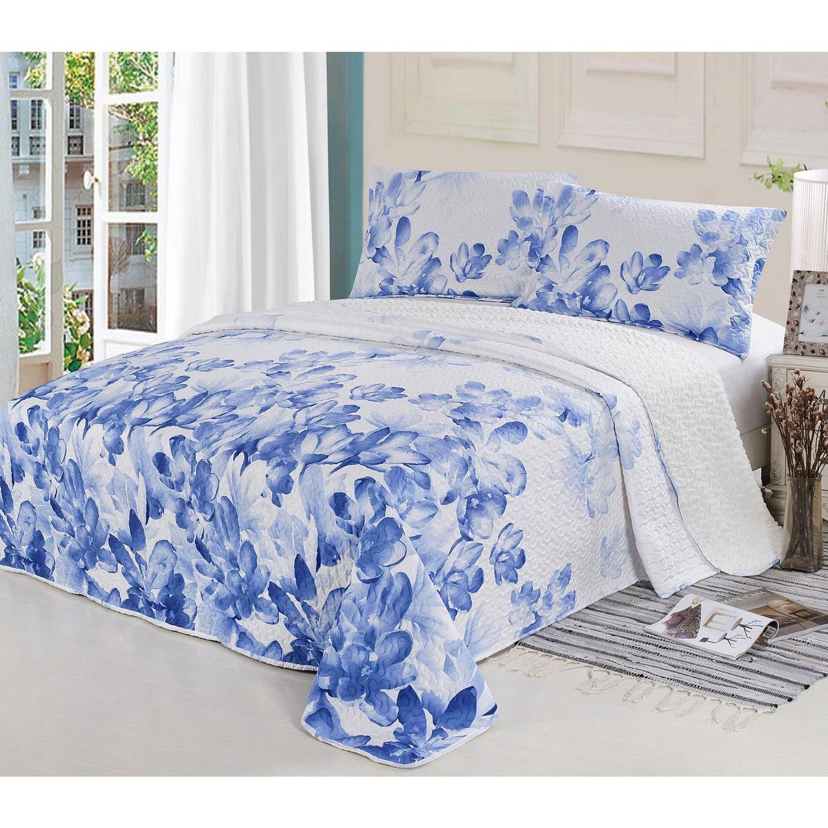 ILLUSIONS - Cubrecama Quilt 1.5 plazas Sherpa Blanco - Azul 