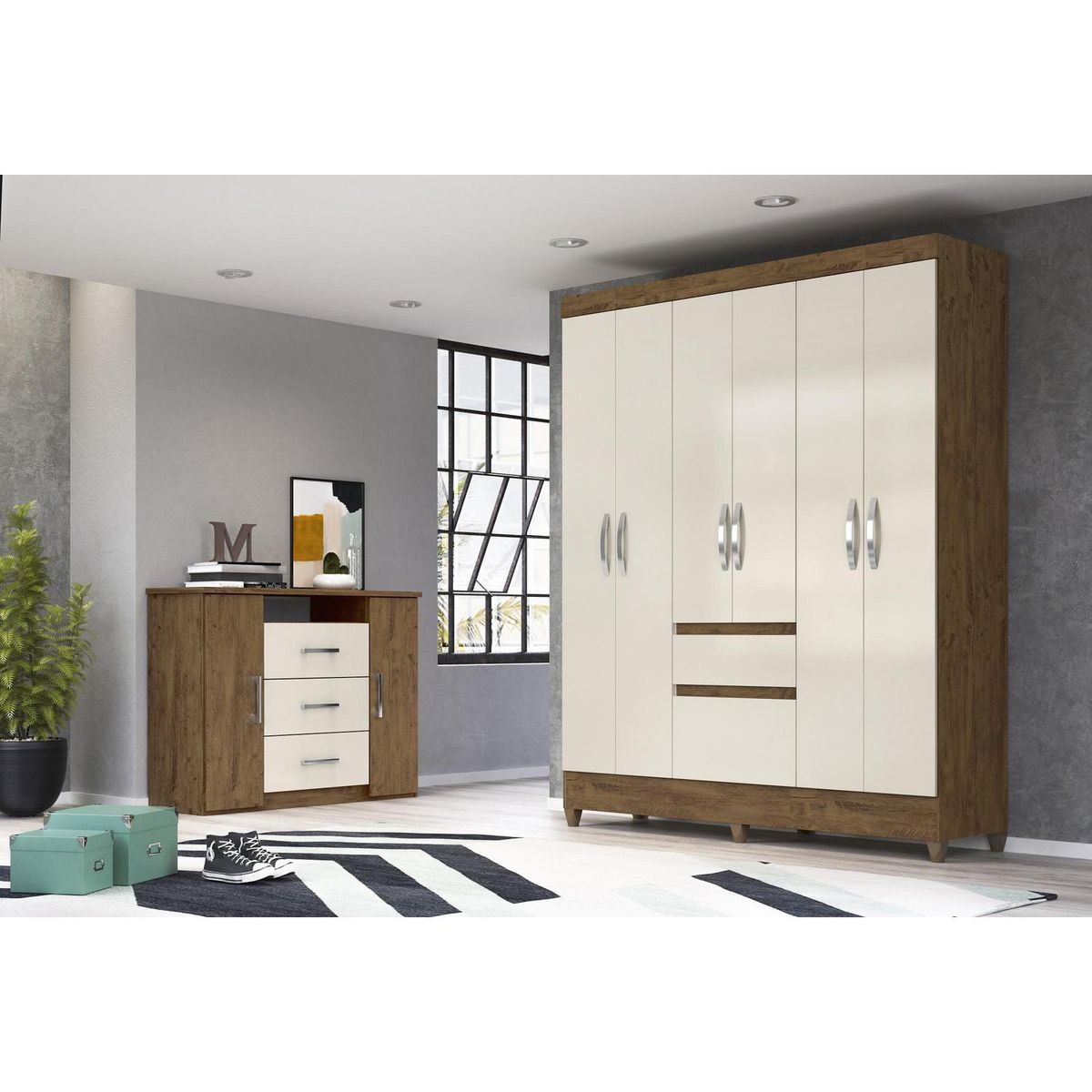 ROCH LTDA - Clóset 6 Puerta(s) 2 Cajón(es) 3 Repisa(s) 165x204x47 cm Vainilla