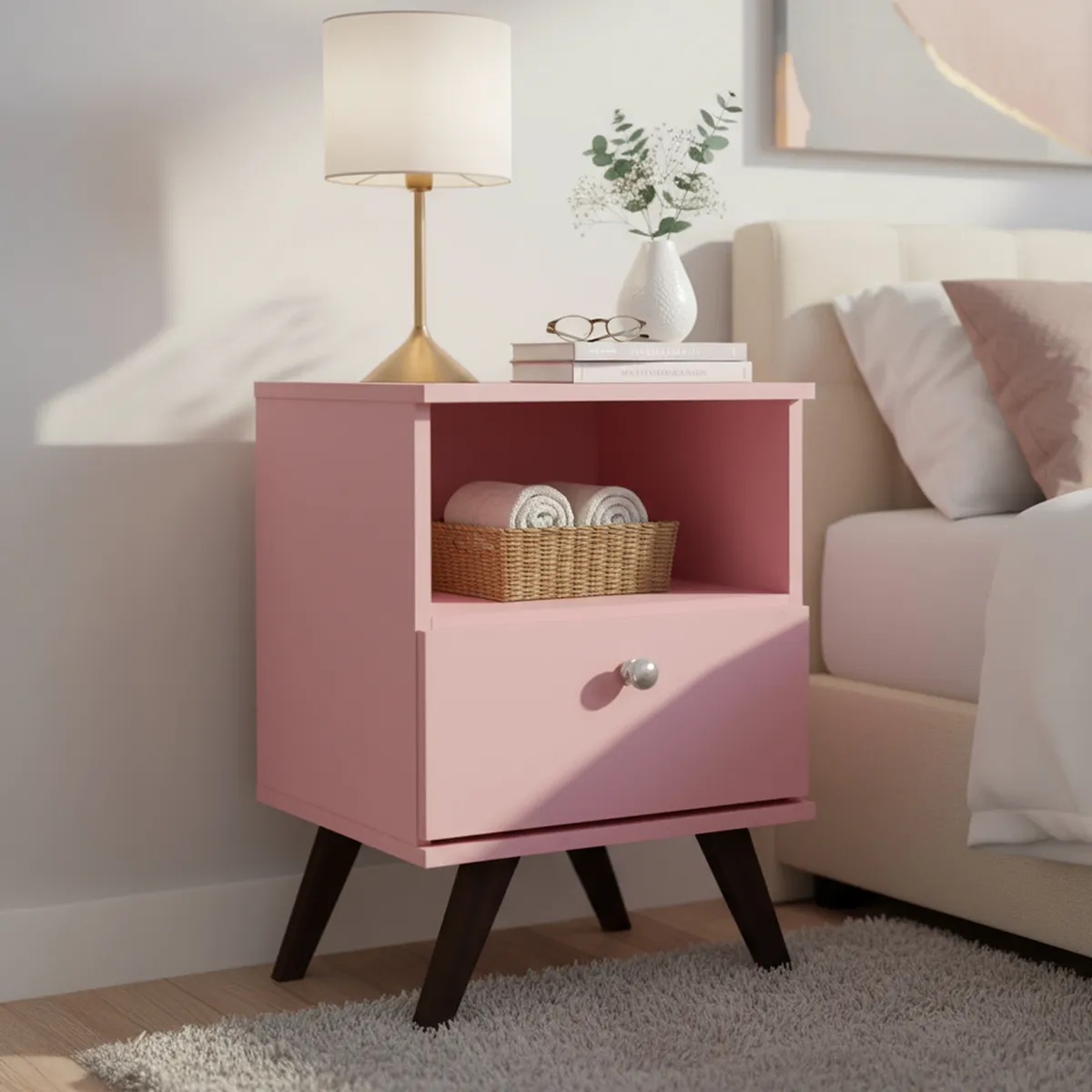 HOGA - Velador 1 Cajón(es) Retro 40x58x38 cm Rosado