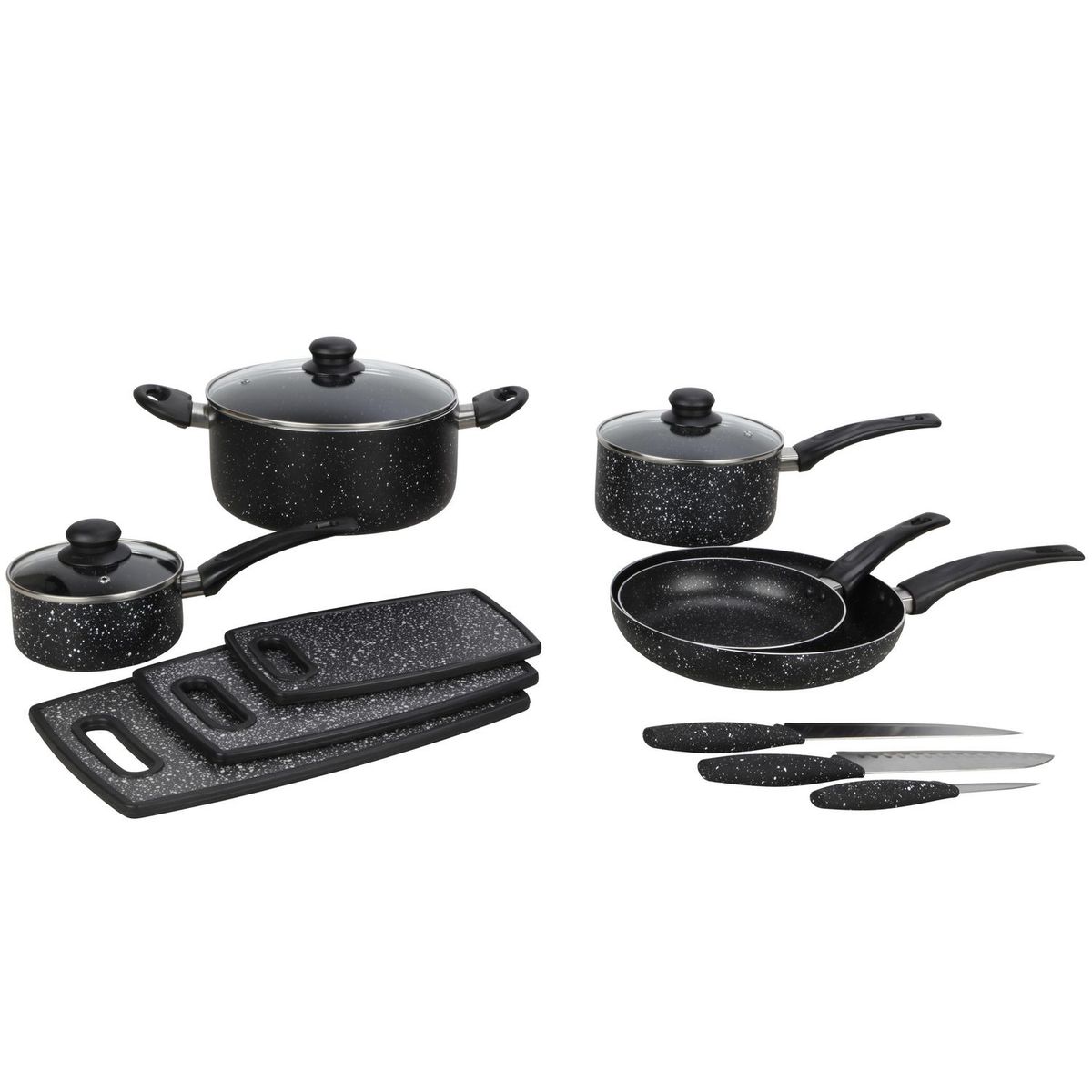 JUST HOME COLLECTION - Batería de Cocina 14 Piezas Acero inoxidable Antiadherente + 3 Tablas + 3 Cuchillos